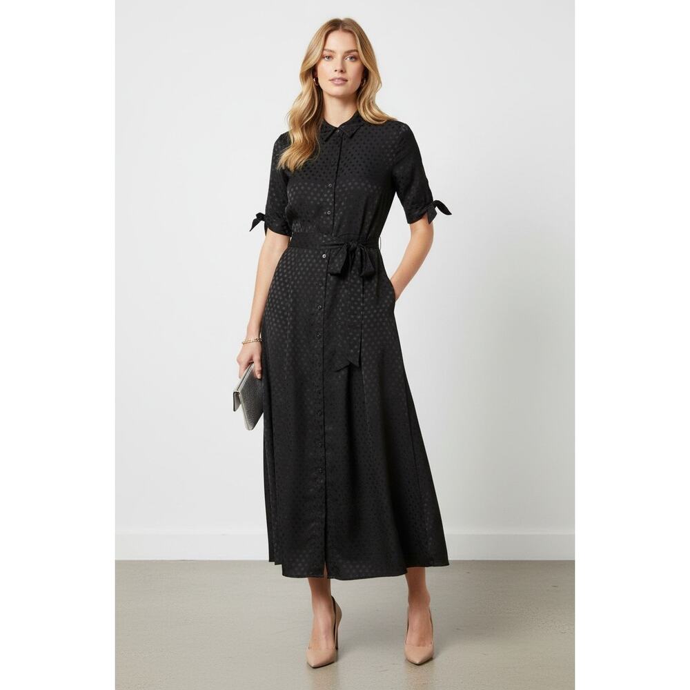 Calvin Klein Black Polka Dot Maxi Dress Short Sleeve Tie Waist Size 14